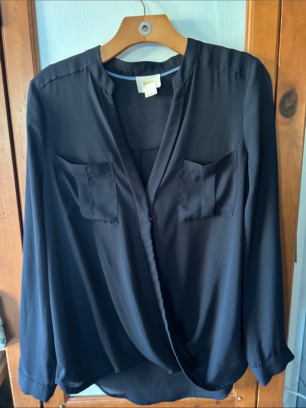 Maeve black Wrap-Front Blouse with Chest Pockets